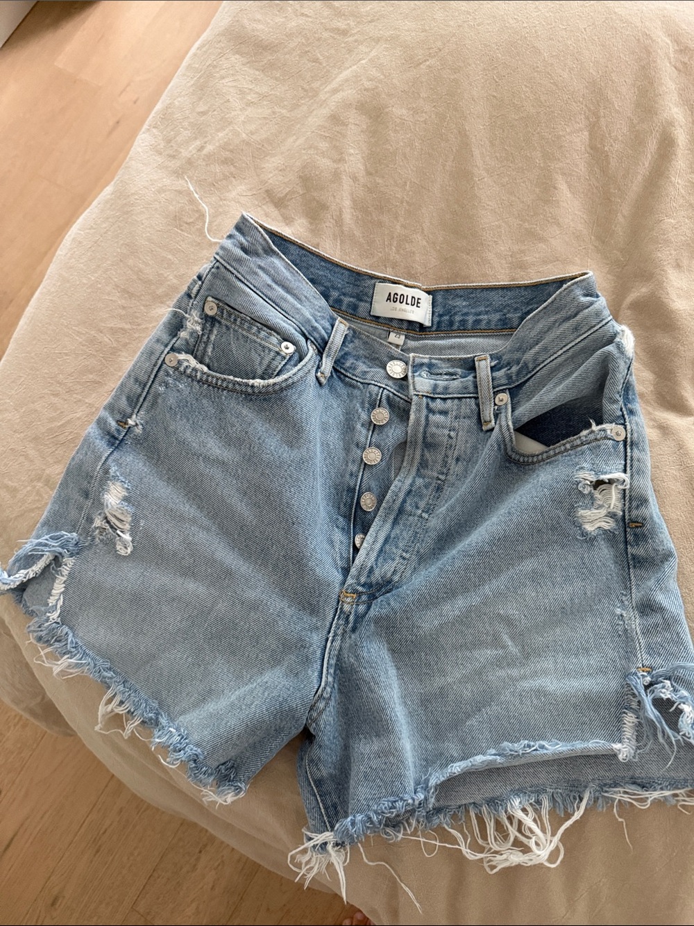 Agolde Light Blue Distressed High-Rise Jean Shorts
